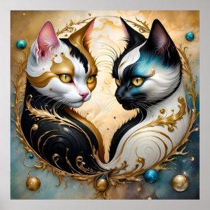 Yin-Yang Katter med Magiska Kosmiska Element Poster