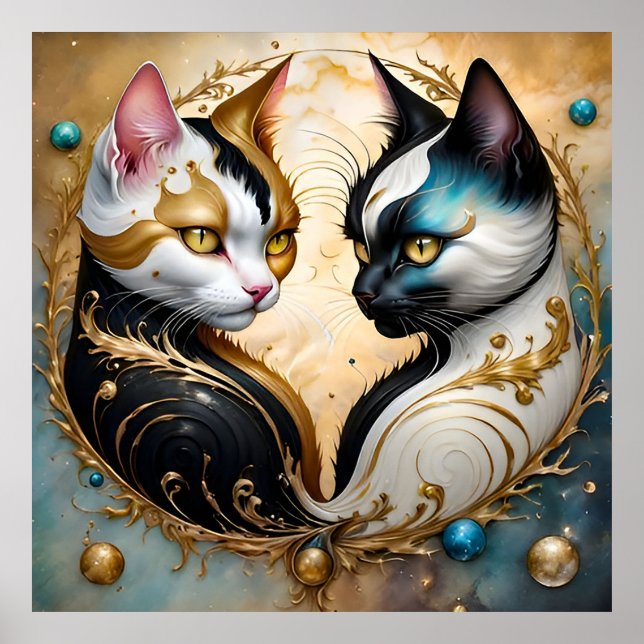 Yin-Yang Katter med Magiska Kosmiska Element Poster (Framsidan)