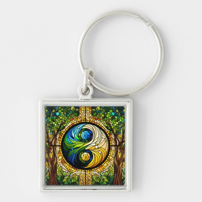 Yin Yang Keychain Fyrkantig Silverfärgad Nyckelring (Framsidan)