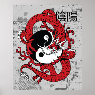 Yin yang kinesisk symbol och drake poster