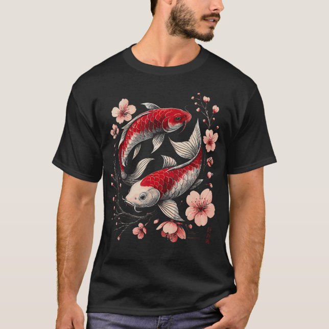 Yin Yang Koi Fisk Sakura Japansk Blommig T Shirt (Framsida)