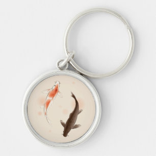 Yin Yang Koi fiskar i orientalisk stilmålning Rund Silverfärgad Nyckelring