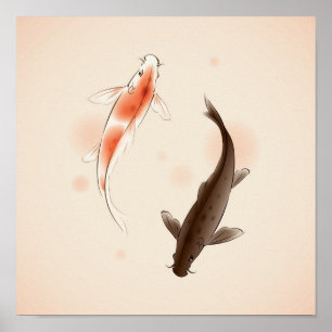 Yin Yang Koi fiskar i stil-målarfärg i orientalfor Poster