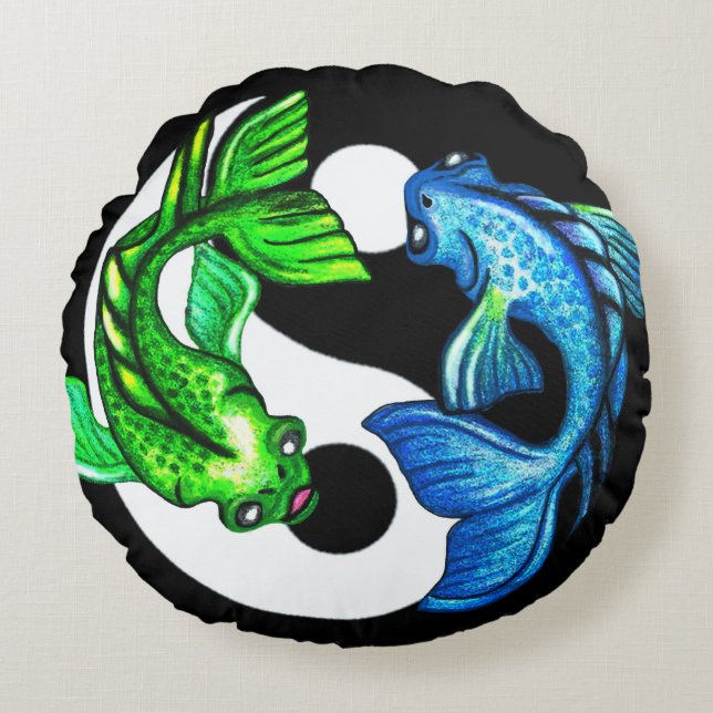 Yin-Yang Koi Fiskkudde Rund Kudde (Framsidan)