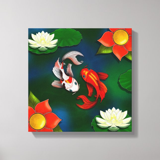 Yin Yang Koi Red Flower White Lotus Lily Pad Pond Canvastryck (Framsida)