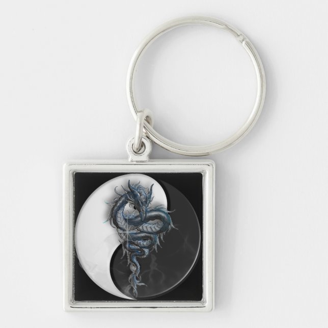 Yin Yang kvadrerar den kinesiska draken Fyrkantig Silverfärgad Nyckelring (Framsidan)