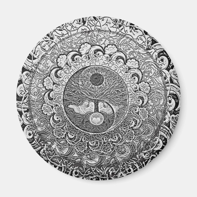 Yin Yang Livets träd i Silver Färg Magnet (Framsidan)