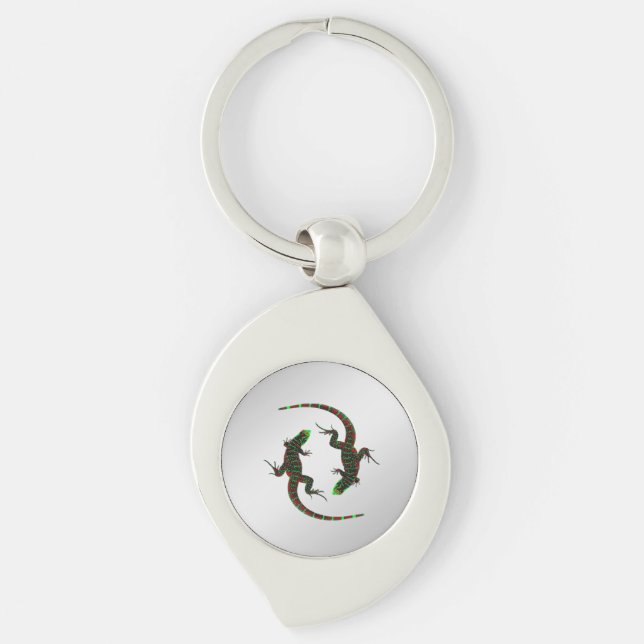Yin Yang Lizards Silver Swirl Silverfärgad Nyckelring (Framsidan)