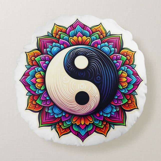 Yin Yang mandala design pillow Rund Kudde (Framsidan)