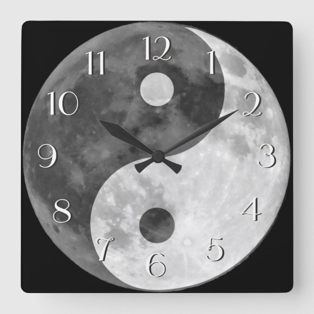 Yin Yang Måne Elegant Nummer Svarta och vita Fyrkantig Klocka (Framsida)