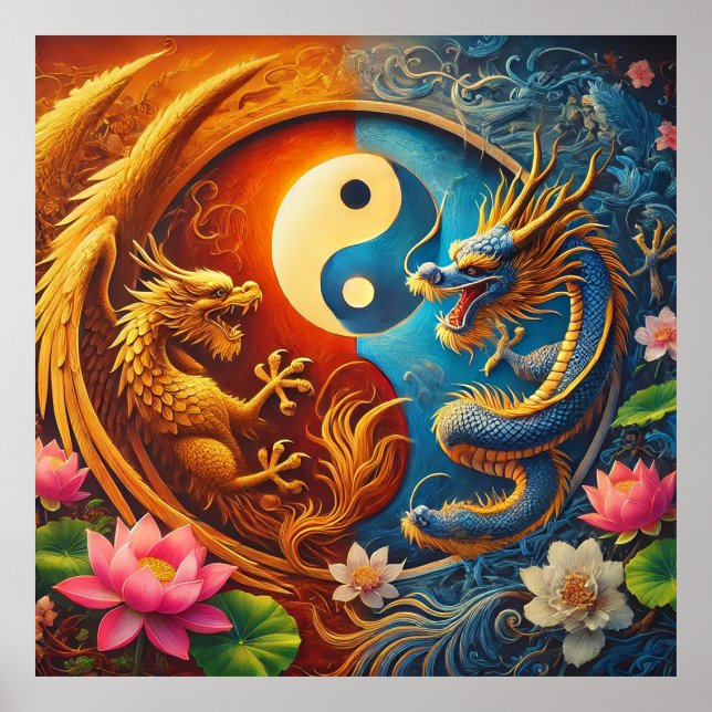Yin Yang med Dragon och Phoenix Amid Lush Blommigt Poster (Framsidan)