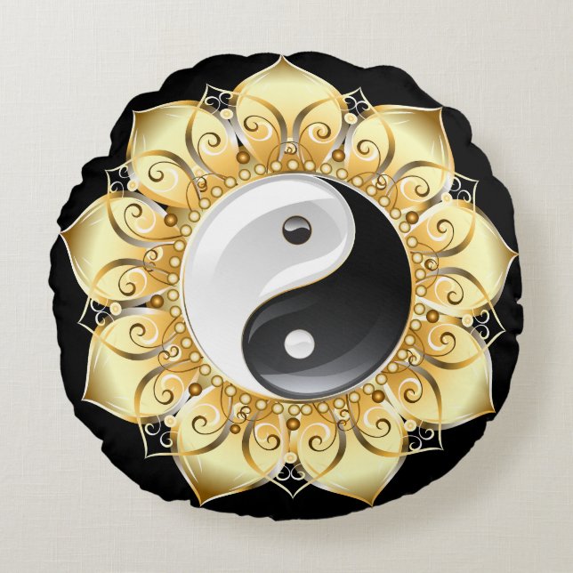 Yin Yang med guld lotus petals Rund Kudde (Framsidan)