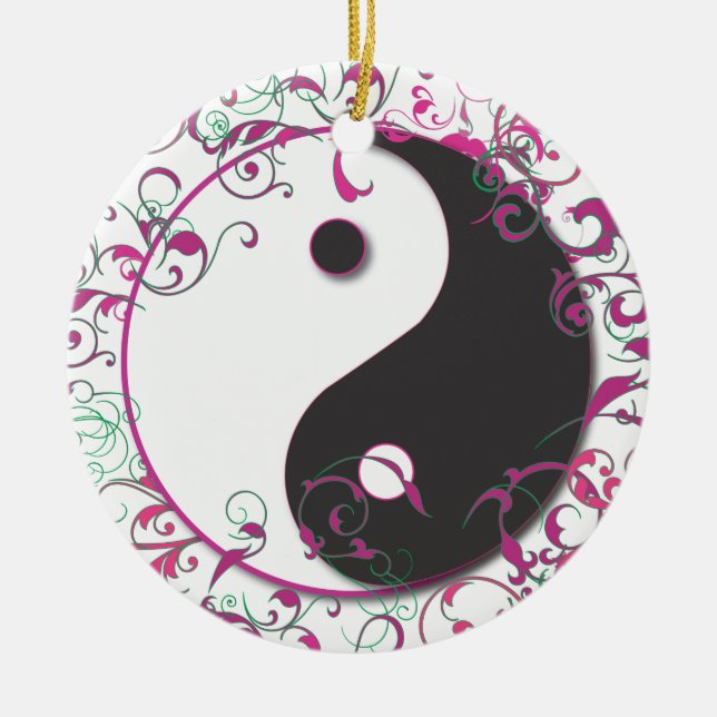 Yin & Yang med scrolls rosa för prydnadsföremål Julgransprydnad Keramik (Framsidan)