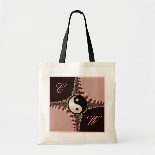Yin Yang Monogram Rosa+Black Fractal Snöre Bag Tygkasse (Framsidan)