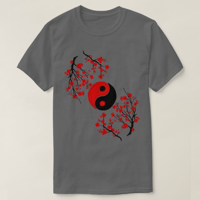 Yin Yang och Sakura Red Blommar T Shirt (Design framsida)