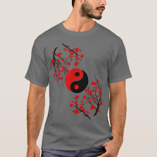 Yin Yang och Sakura Red Blommar T Shirt
