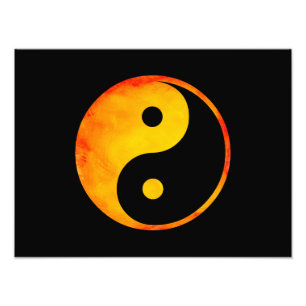 Yin Yang Orange och Gult Watercolor på Black Fototryck