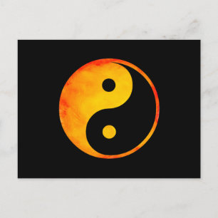 Yin Yang Orange och Gult Watercolor på Black Vykort