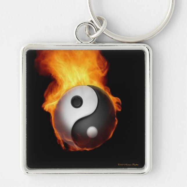 Yin Yang på Fire Keychain Fyrkantig Silverfärgad Nyckelring (Framsidan)