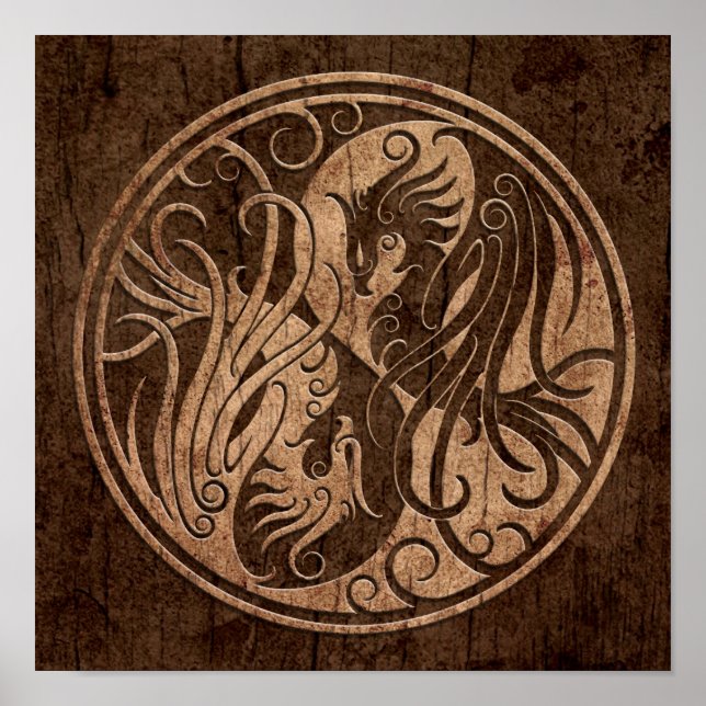 Yin Yang Phoenix med Wood Grain Effect Poster (Framsidan)