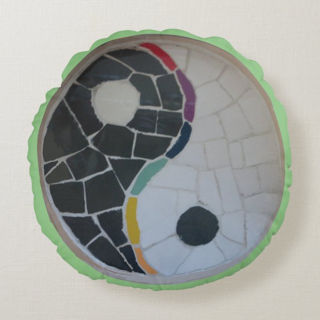 Yin Yang Rainbow Mosaic Yoga Round Pillow Rund Kudde (Framsidan)