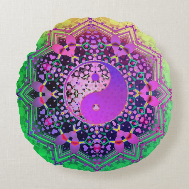 Yin Yang Regnbåge Kärlek Geometri Rund Kudde (Framsidan)