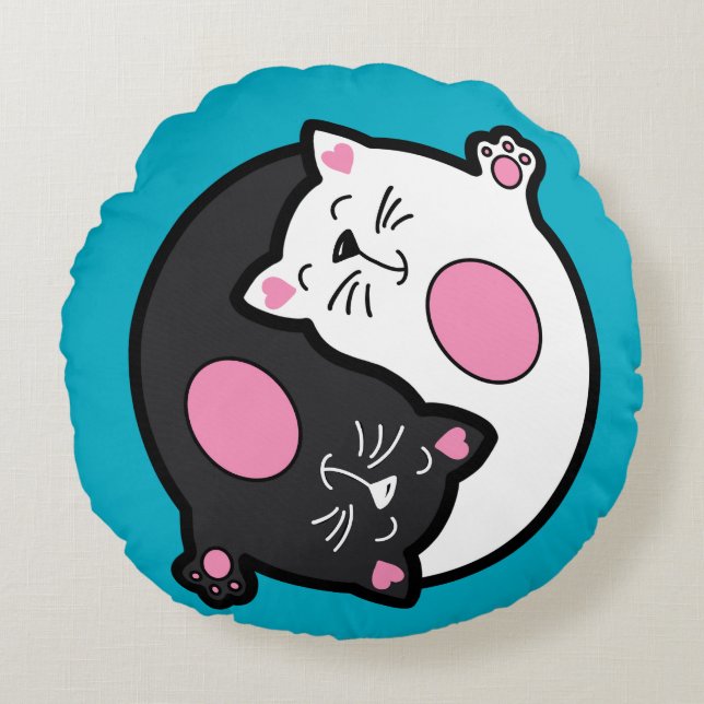 Yin Yang Sleeping Cats In Black And White  Rund Kudde (Framsidan)
