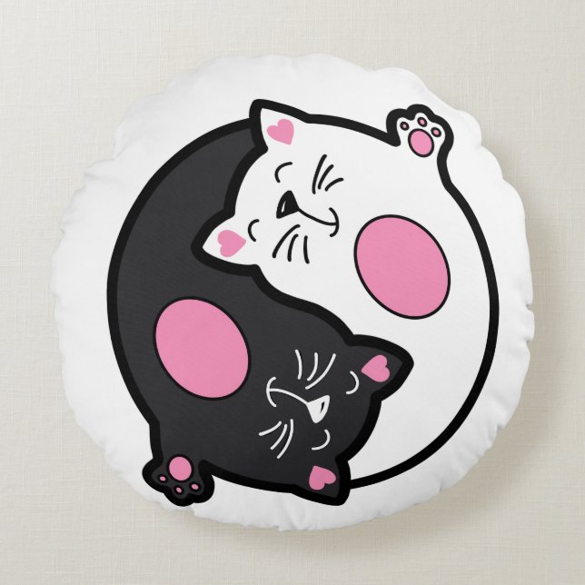 Yin Yang Sovande Katter I Svart Och Vitt  Rund Kudde (Framsidan)