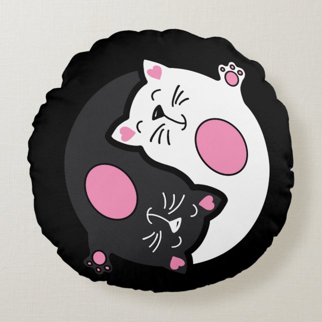 Yin Yang Sovande Katter I Svart Och Vitt  Rund Kudde (Framsidan)