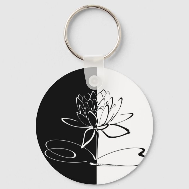 Yin Yang Svart Vit Lotusblomma Nyckelring (Framsida)