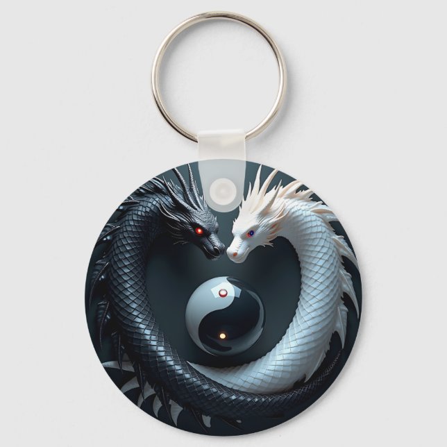 Yin Yang Svarta och Vita Drakar Nyckelring (Framsida)