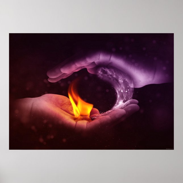 Yin Yang Symbol Fire Vatten Inslag Digital Art Poster (Framsidan)