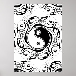 Yin & Yang-symbol svart och vit tatueringsstil Poster