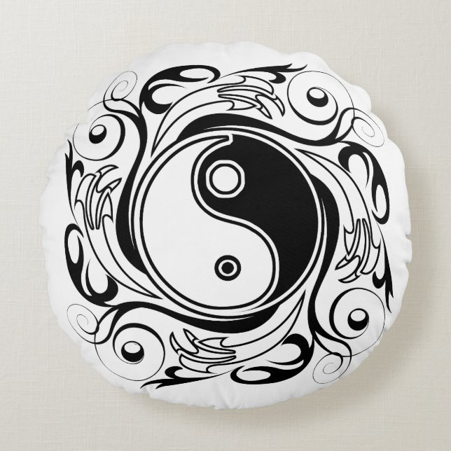 Yin & Yang-symbol svart-vit tatueringsstil Rund Kudde (Framsidan)