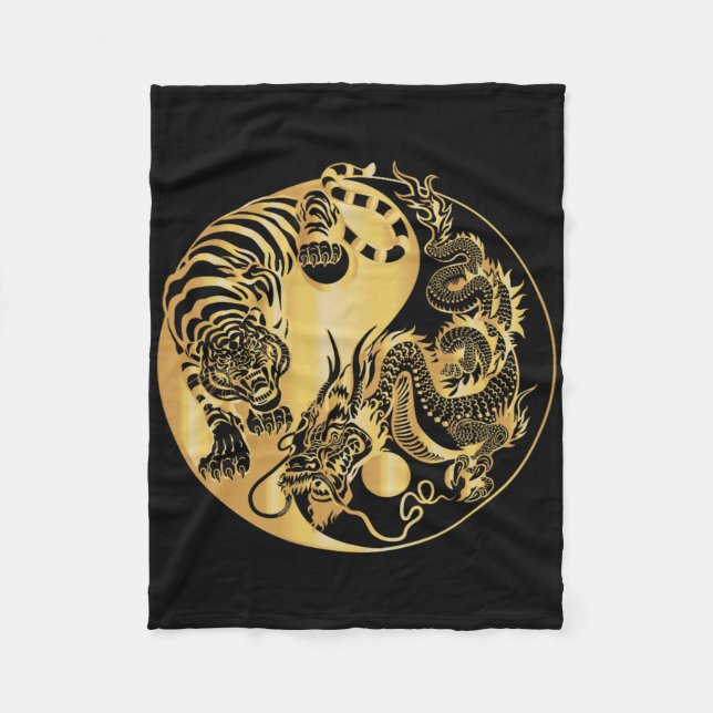 Yin Yang Tiger Dragon Guld  Fleecefilt (Framsidan)