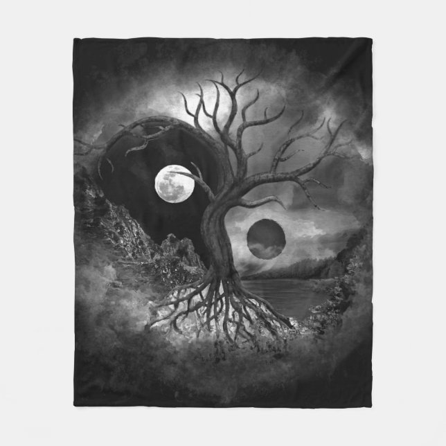 Yin Yang Träd Landscape Black and White Fleecefilt (Framsidan)