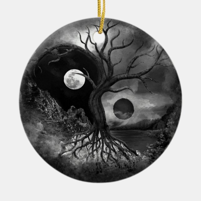 Yin Yang Träd Landscape Black and White Julgransprydnad Keramik (Framsidan)