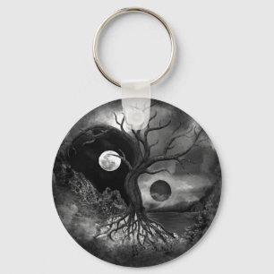Yin Yang Träd Landscape Black and White Nyckelring