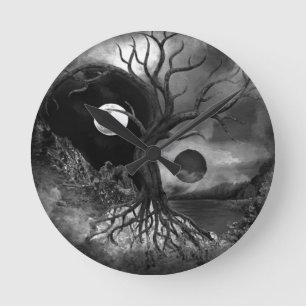 Yin Yang Träd Landscape Black and White Rund Klocka