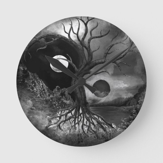 Yin Yang Träd Landscape Black and White Rund Klocka (Framsida)