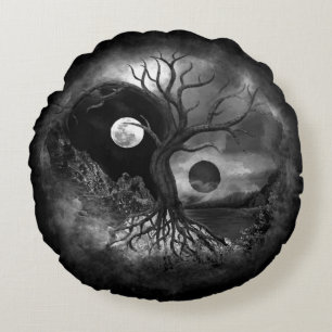 Yin Yang Träd Landscape Black and White Rund Kudde
