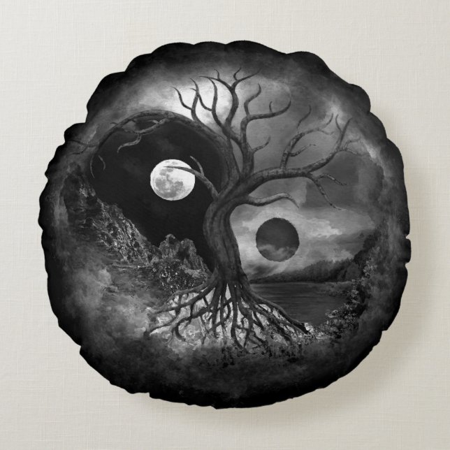 Yin Yang Träd Landscape Black and White Rund Kudde (Framsidan)