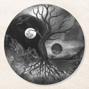 Yin Yang Träd Landscape Black and White Underlägg Papper Rund