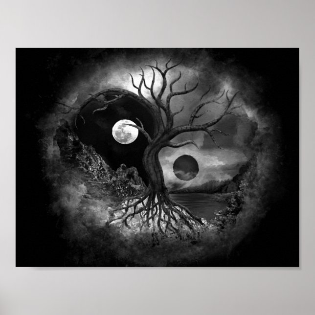 Yin Yang Träd Ligcape Black and White Poster (Framsidan)