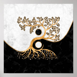Yin Yang Träd - Marbles och Guld Poster