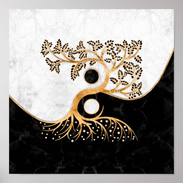 Yin Yang Träd - Marbles och Guld Poster (Framsidan)