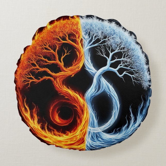 Yin Yang Träd Motiv Representerar Balans av Eld Rund Kudde (Framsidan)