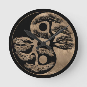 Yin Yang trädsvart och guld Rund Klocka