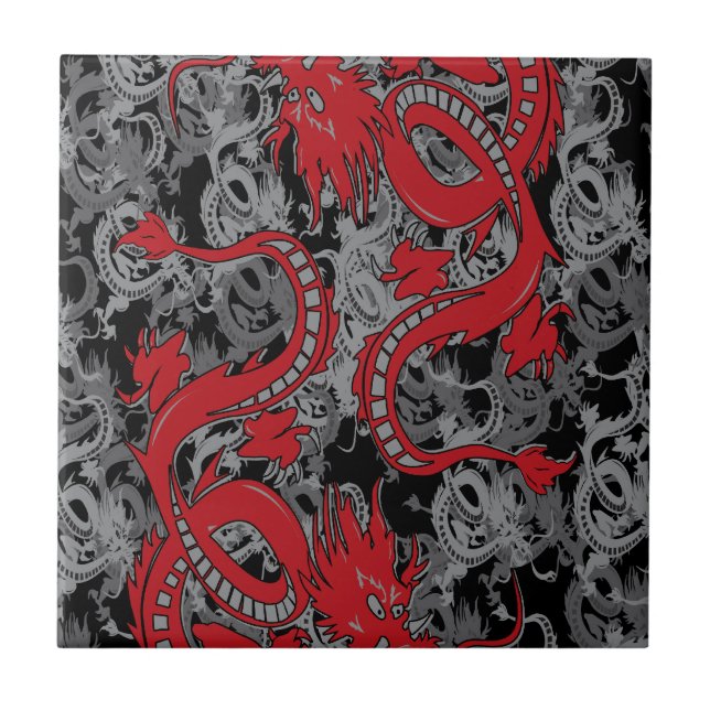 Ying Yang Red Dragons Kakelplatta (Framsidan)