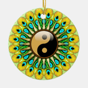 YinYang Peacock Sol Circle Ceramic Ornamic Julgransprydnad Keramik